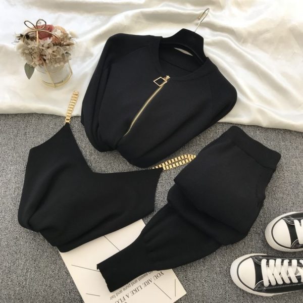 Knitted sweater suit casual new product temperament chain vest knitted jacket + elastic pants three-piece sets TZ423