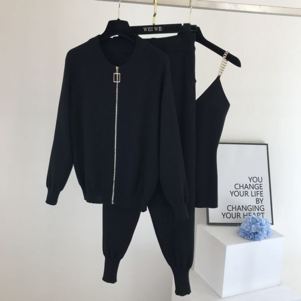 Knitted sweater suit casual new product temperament chain vest knitted jacket + elastic pants three-piece sets TZ423