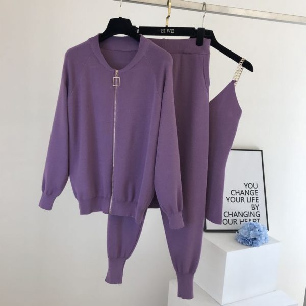 Knitted sweater suit casual new product temperament chain vest knitted jacket + elastic pants three-piece sets TZ423